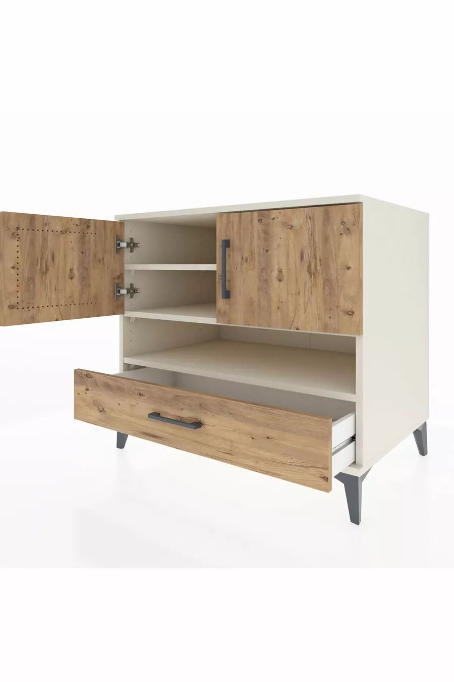 Commode Kronos avec 3 étagères, 1 tiroir et 2 portes, Pierre de Lune-Sapin