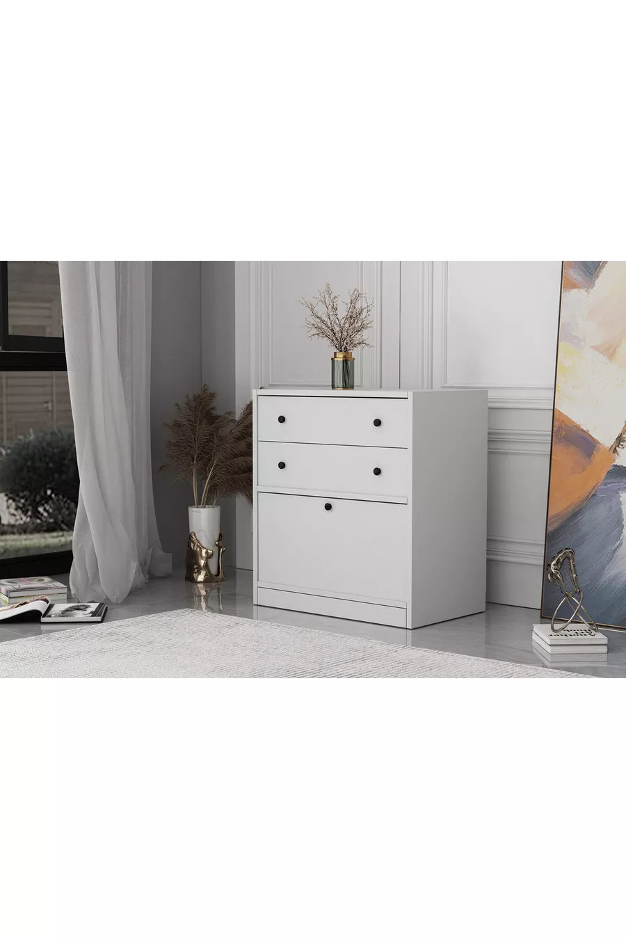 Commode blanche à deux tiroirs avec porte, sans moulures