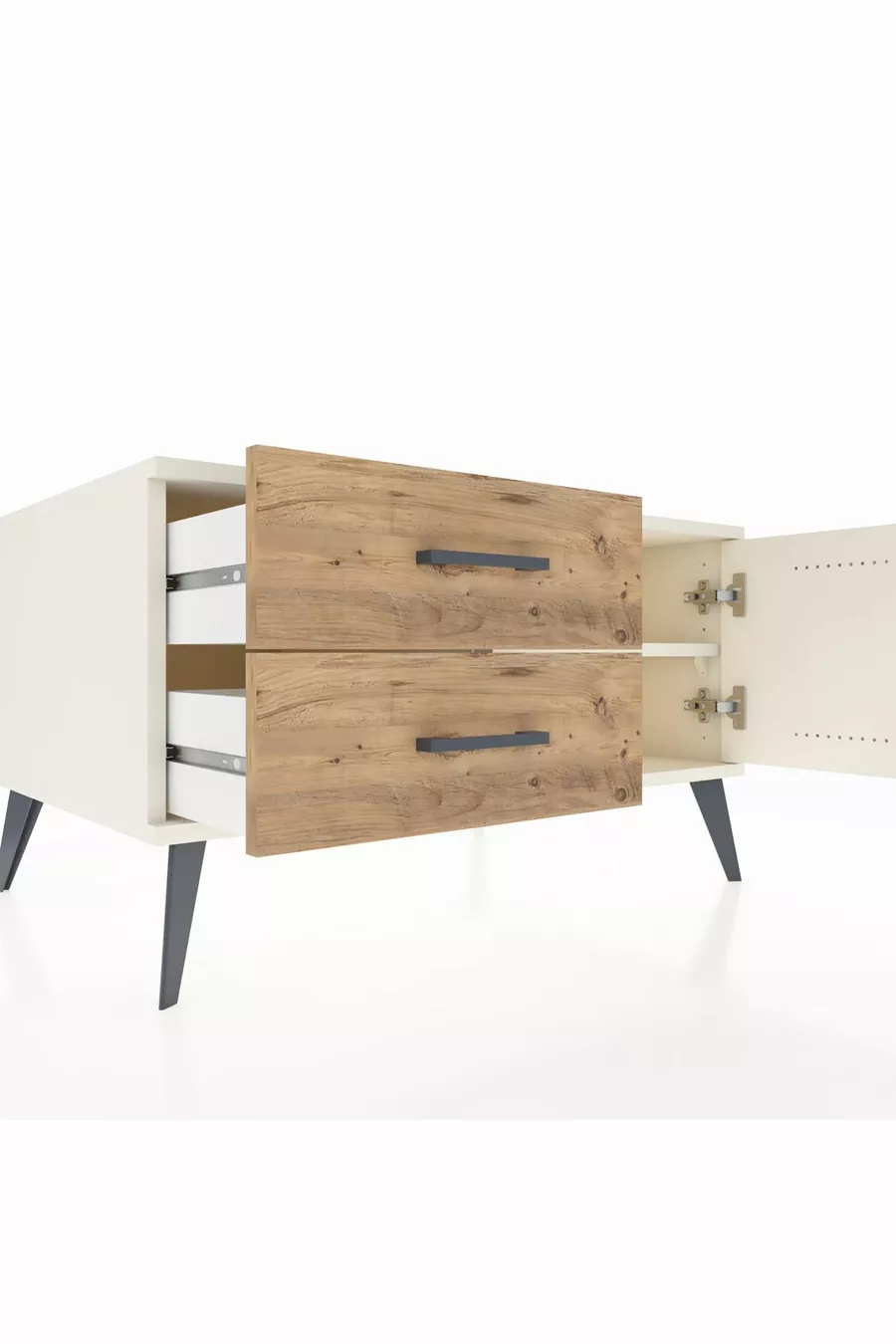 Commode Kronos à une étagère, 2 tiroirs et une porte, Pierre de Lune / Pin