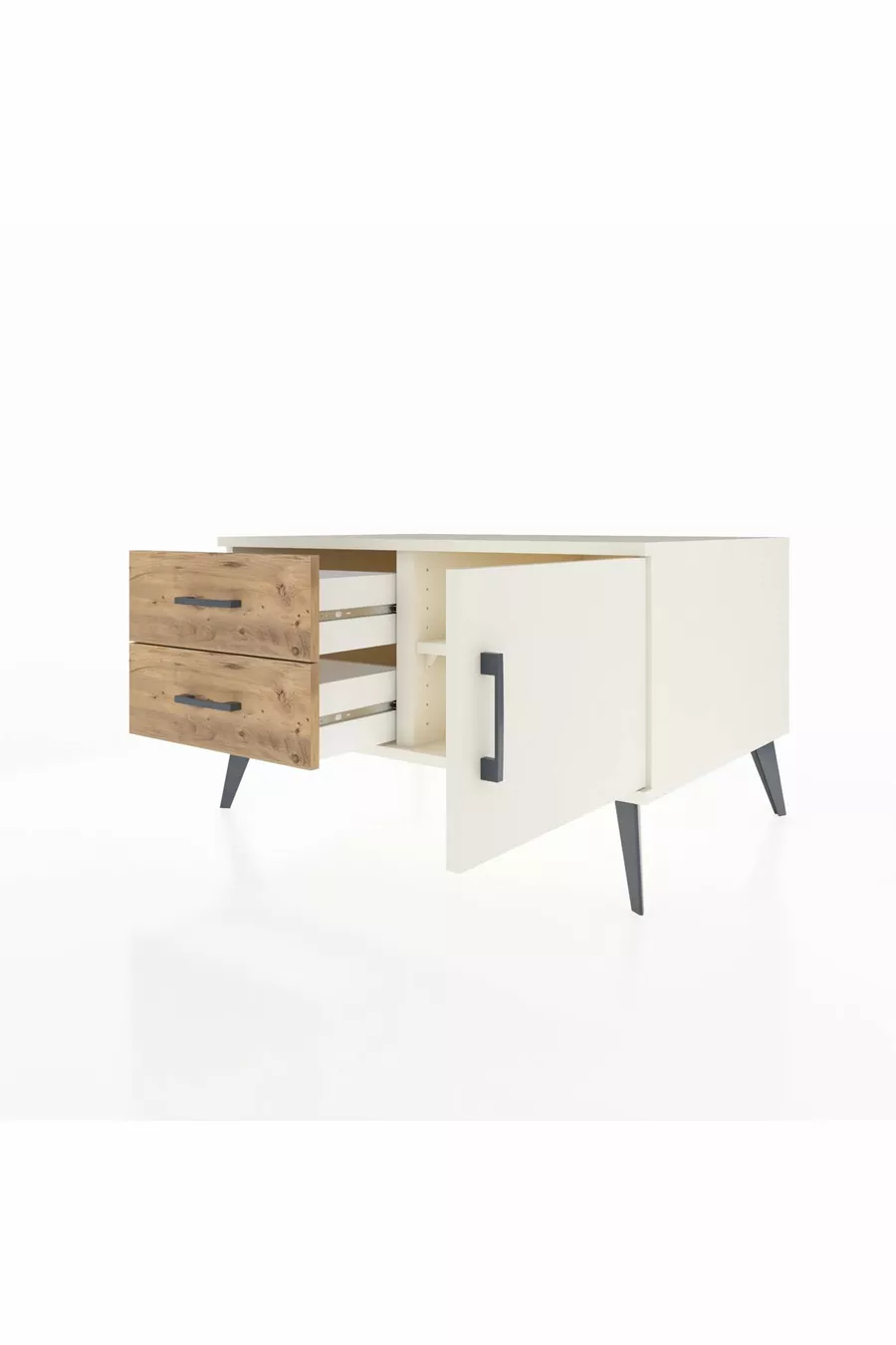 Commode Kronos à une étagère, 2 tiroirs et une porte, Pierre de Lune / Pin