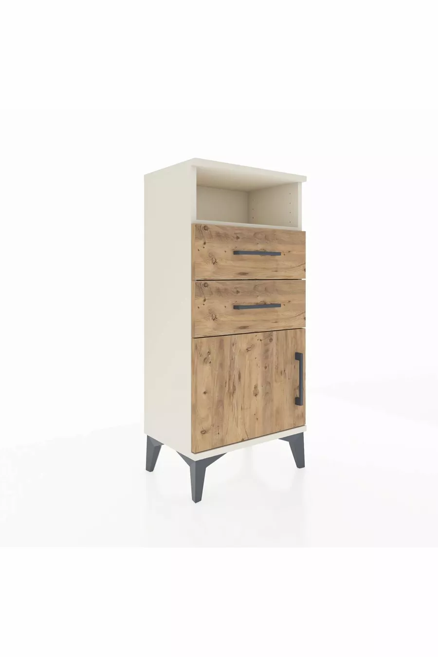 Table de chevet Arges avec une étagère, 2 tiroirs et une porte, Pierre de lune-Pin