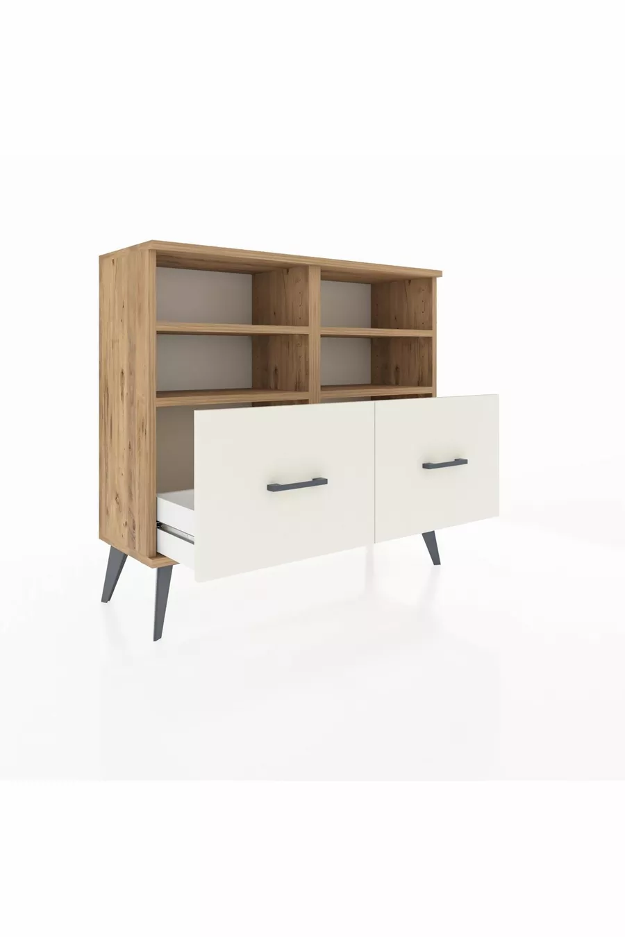 Commode Arges 4 étagères 2 tiroirs Pin-Pin/Marbre blanc