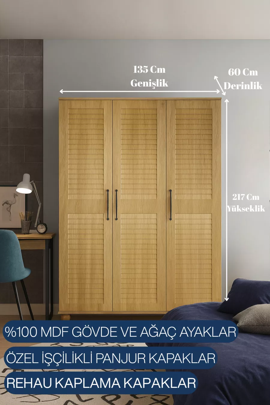 Armoire Pera en bois à 3 portes avec tiroirs | Corps en MDF | Portes à volets aspect naturel | Pieds en bois