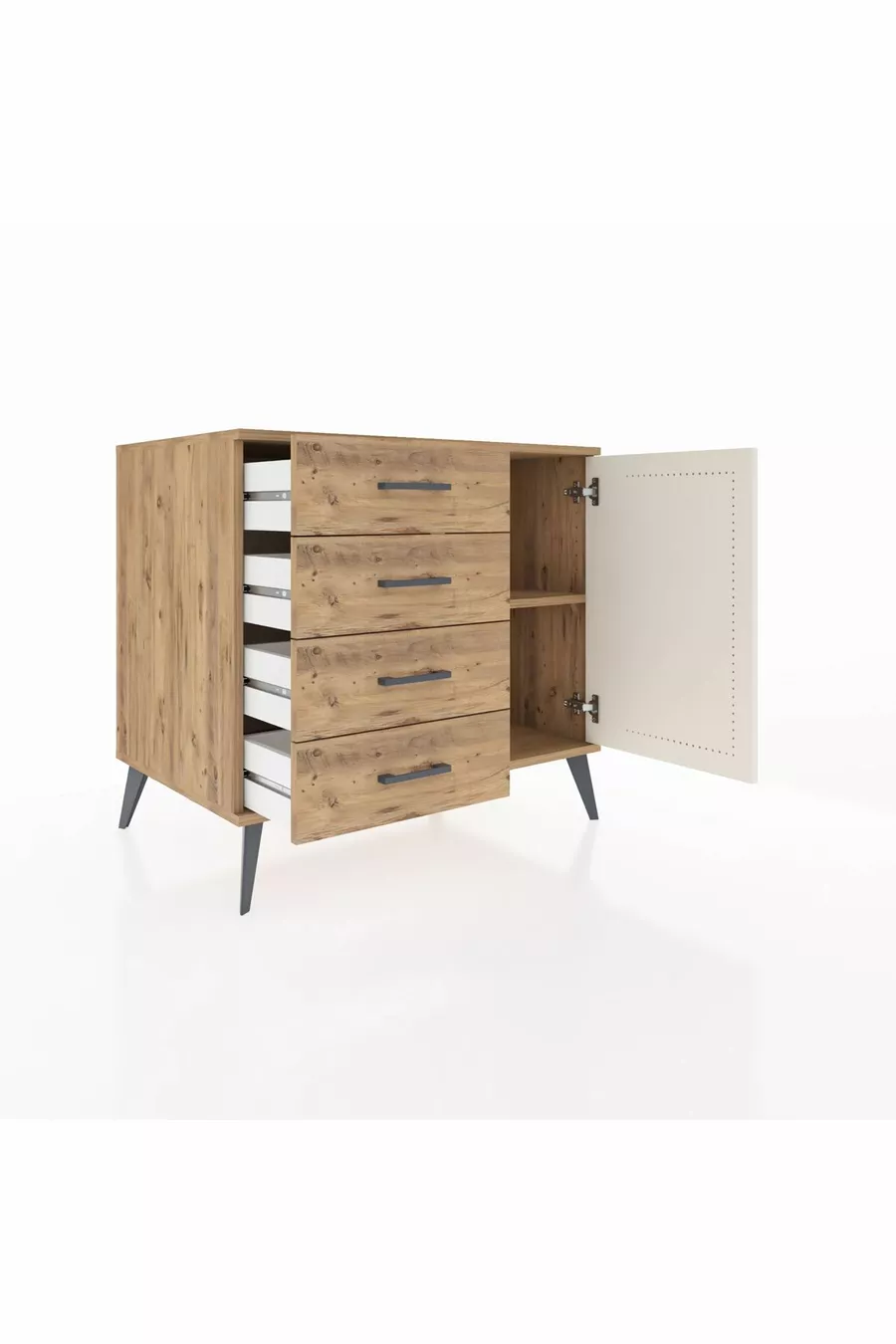 Commode Kronos avec une seule étagère, 4 tiroirs et une porte, Pin-Pierre d'onyx/Pin