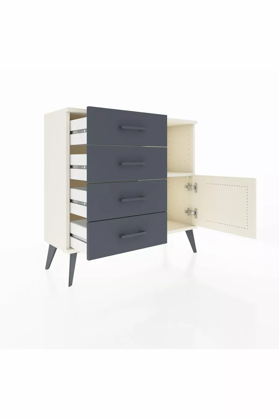 Commode Arges à une étagère, 4 tiroirs et une porte, couleur Pierre Lune/Anthracite