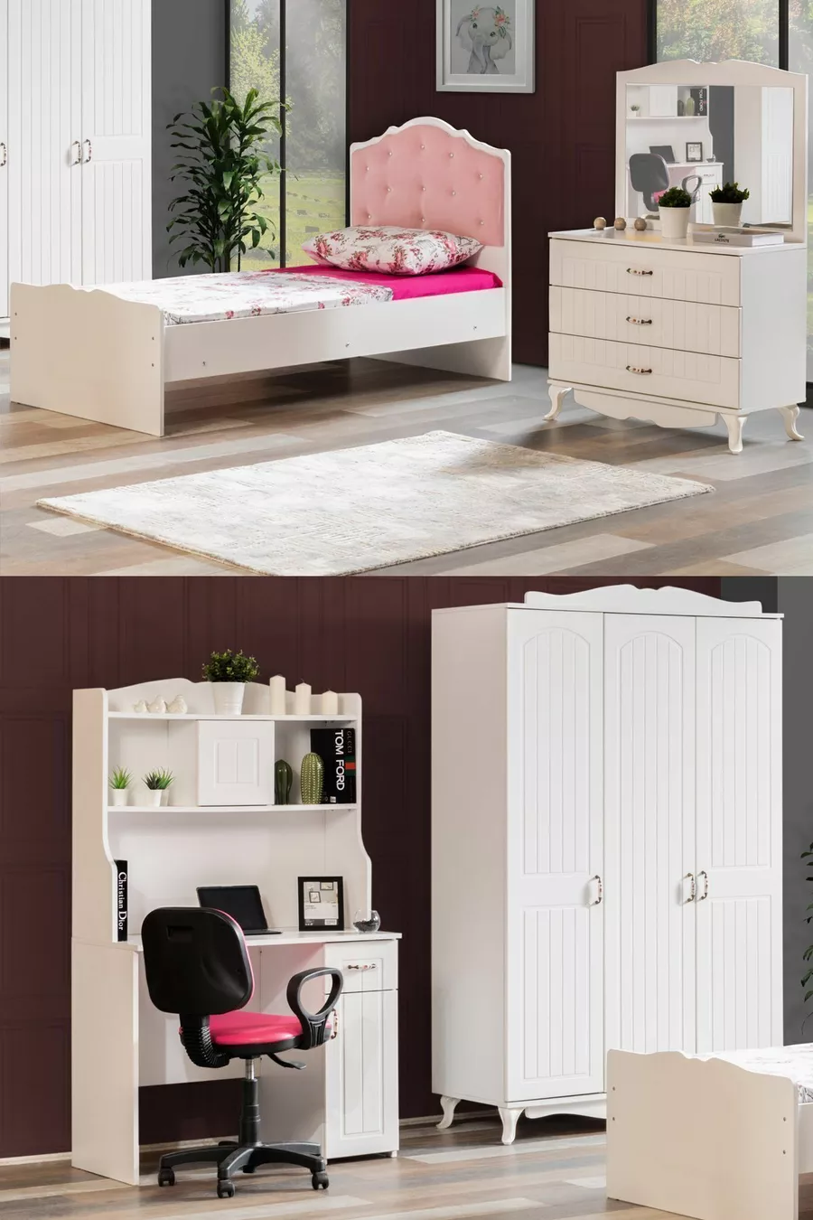 Chambre d'enfant blanche bleue - Armoire à 3 portes, Lit, Bureau, Commode