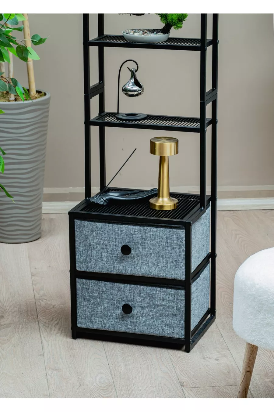 Armoire en métal à 5 niveaux avec tiroirs en tissu, table de chevet décorative, commode multifonctionnelle