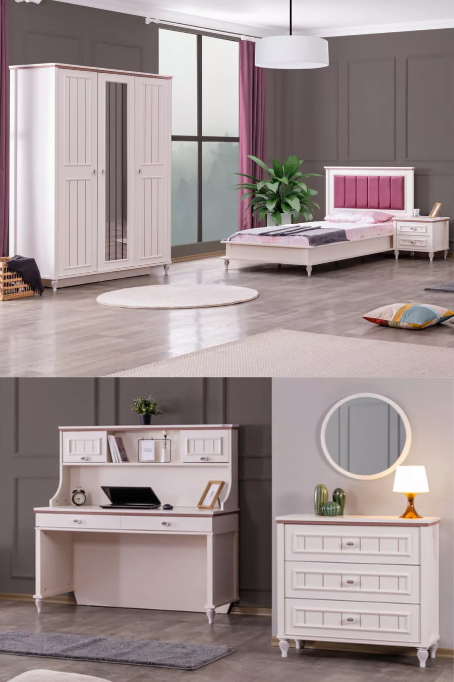 Chambre d'enfant Ezgi Lux - Armoire 3 portes, Lit, Table de chevet, Bureau, Commode