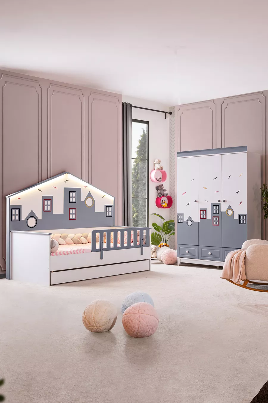 Chambre d'enfant Montessori - Armoire 3 portes City Montessori, Lit superposé avec tiroir - Gris