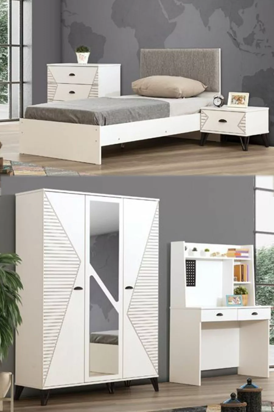 Chambre d'enfant Safir - Armoire 3 portes, Lit, Table de chevet, Commode, Bureau