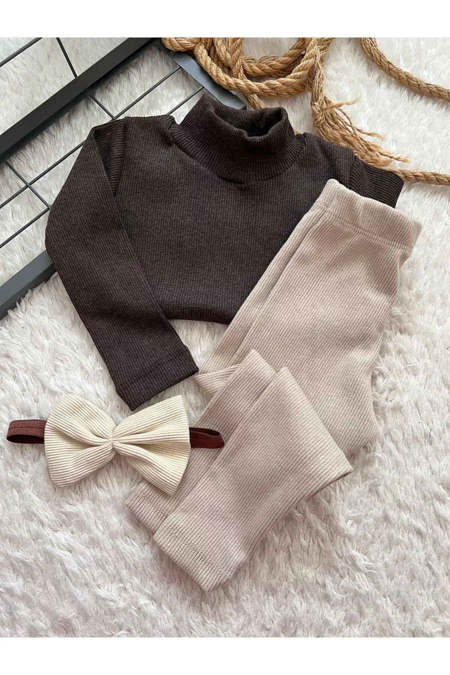 ENSEMBLE BÉBÉ ENFANT PANTALON COLLANT BRUN HAUT BANDEAU