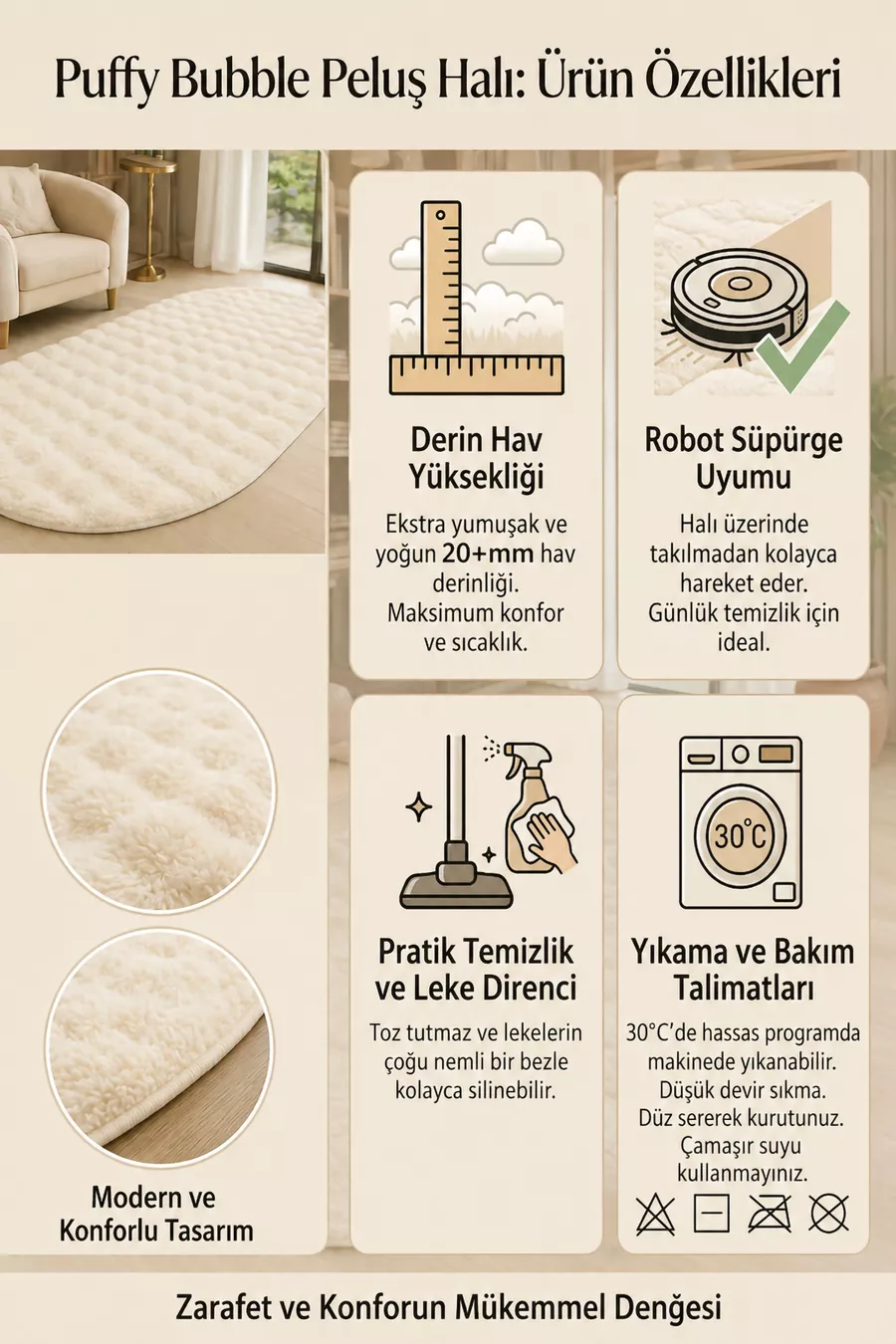 Tapis en peluche ovale crème avec dessous antidérapant, lavable, doux, pour salon et chambre