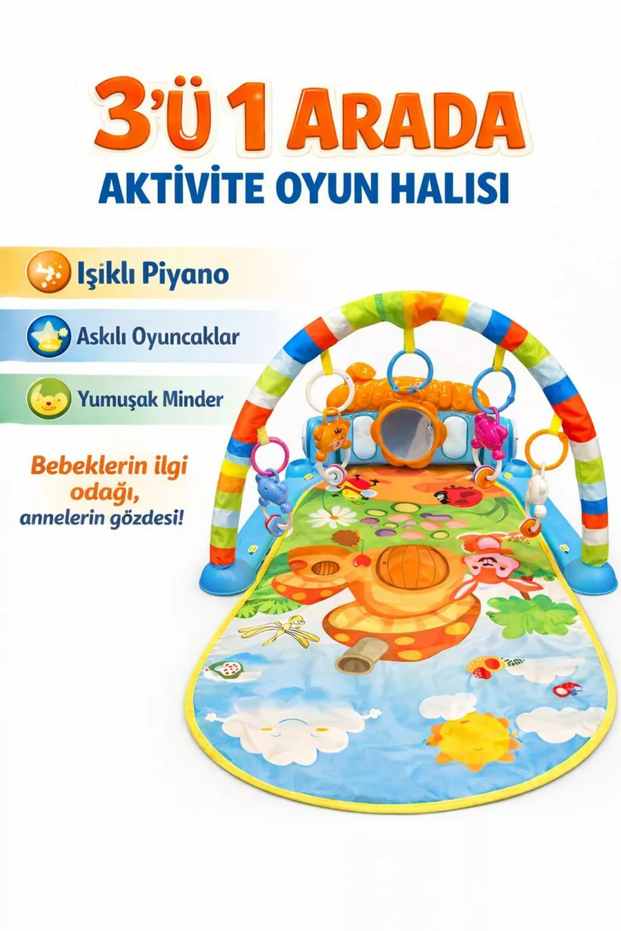 Tapis de jeu pour bébé avec motifs de champignons et piano – 0+ mois, tapis de développement lumineux et musical avec figures d'animaux