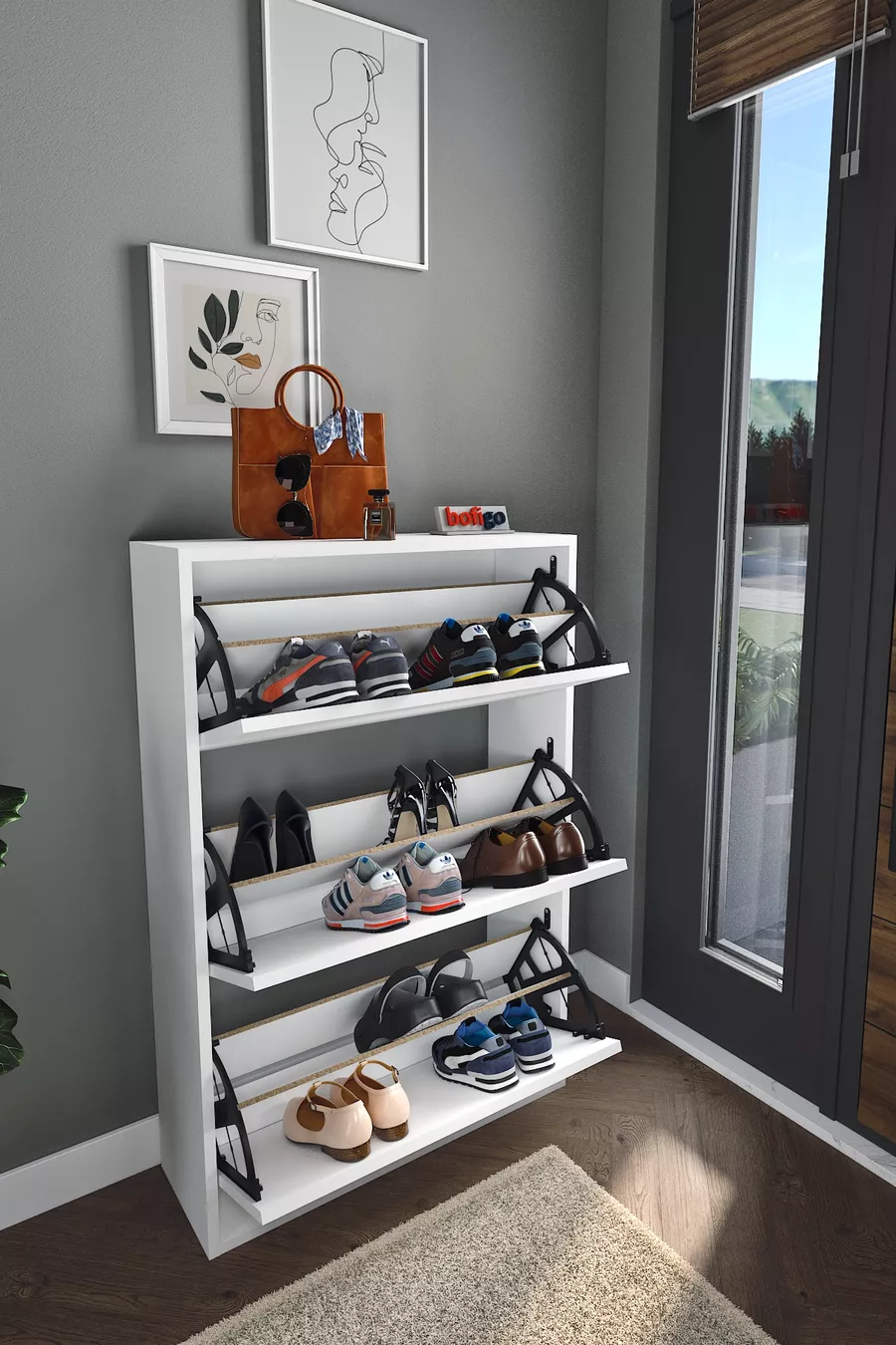 Placard à chaussures à abattant avec étagère coulissante, placard à chaussures à 3 compartiments, Ange blanc