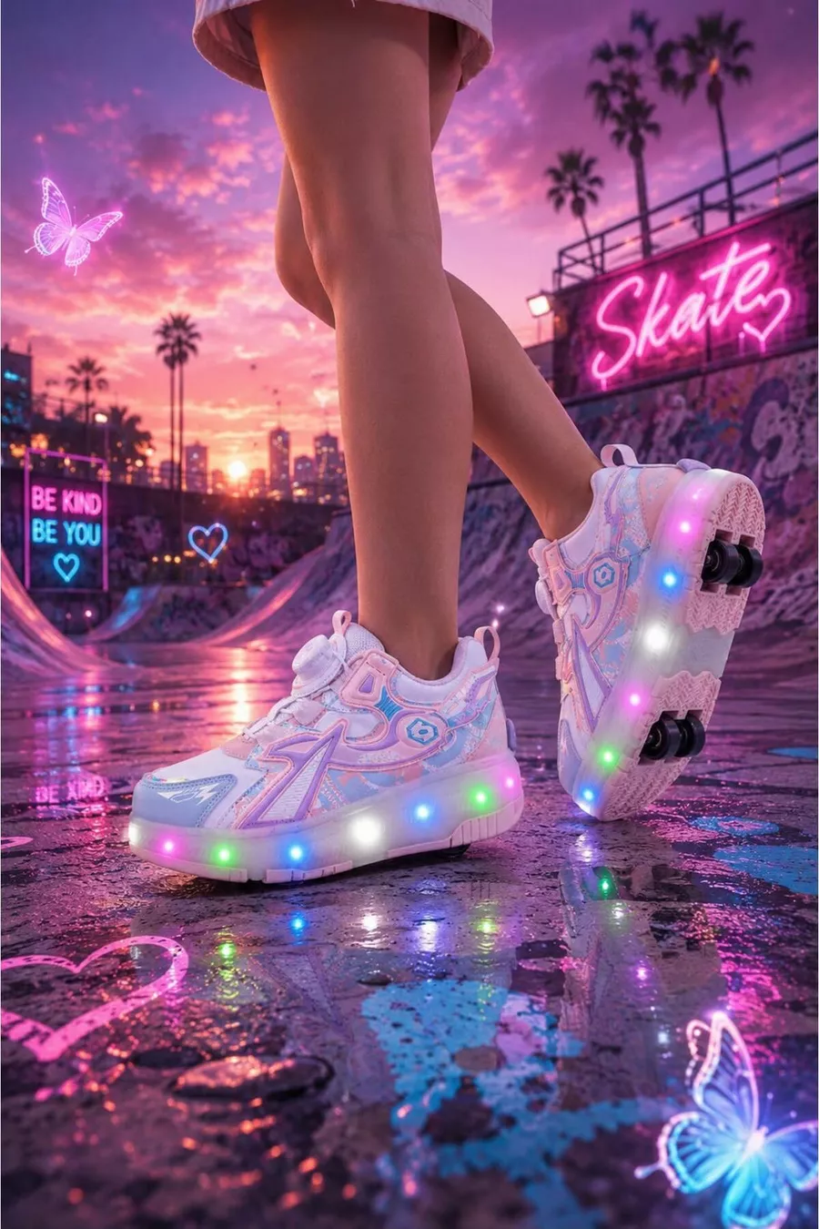 Chaussures de sport confortables pour enfants avec patins et lumière - Sneakers / Jeu de roues amovibles - Poudre