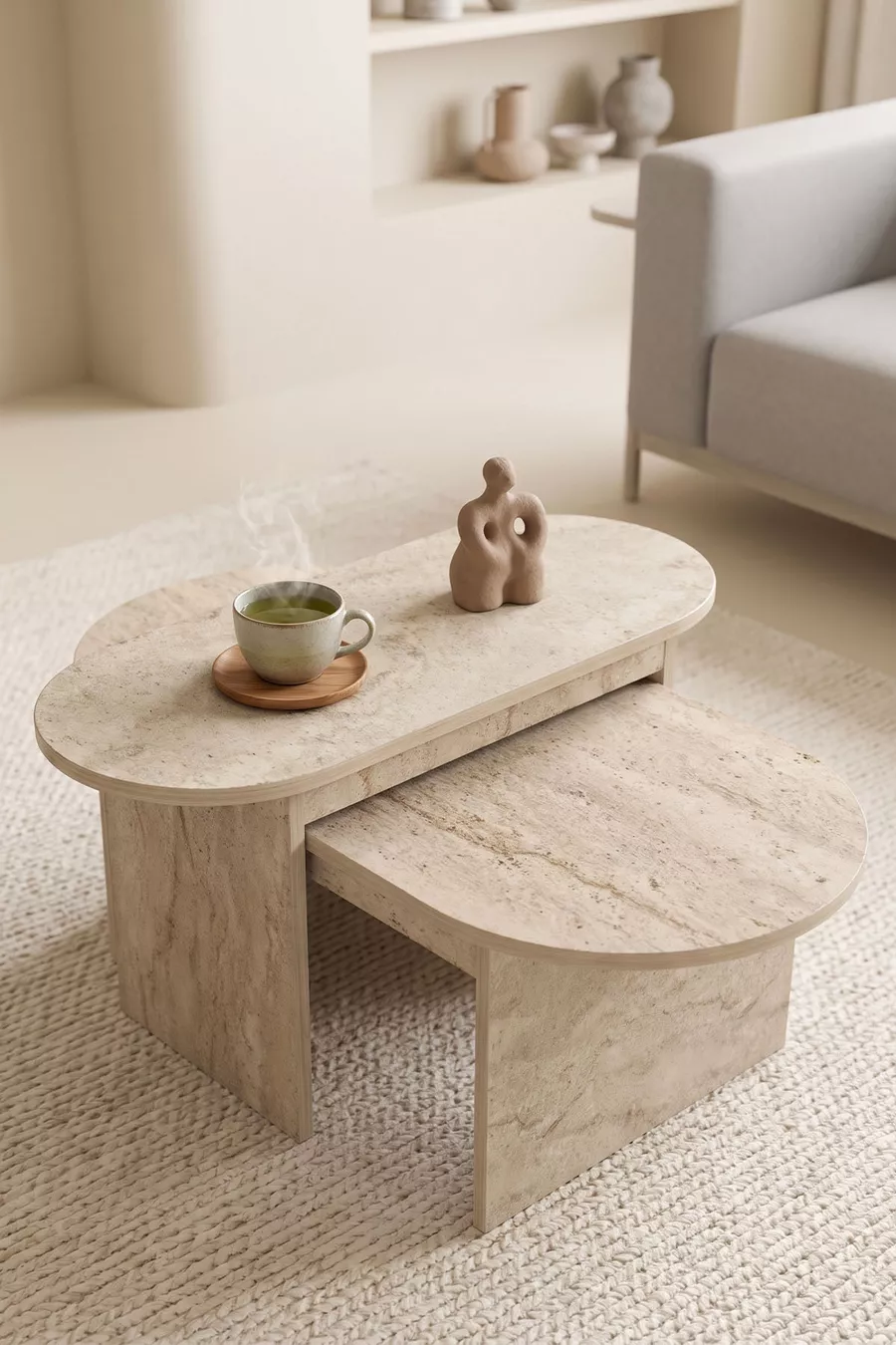 Table basse et table d'appoint ensemble de 2 en travertin