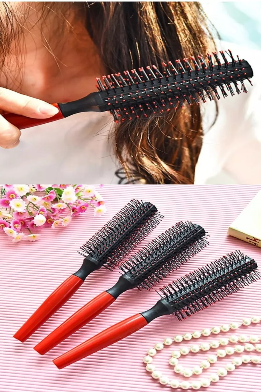 Brosse à cheveux ronde avec perles rouges, brosse à souffler fine pour hommes et femmes, brosse de soin capillaire pour salon de beauté