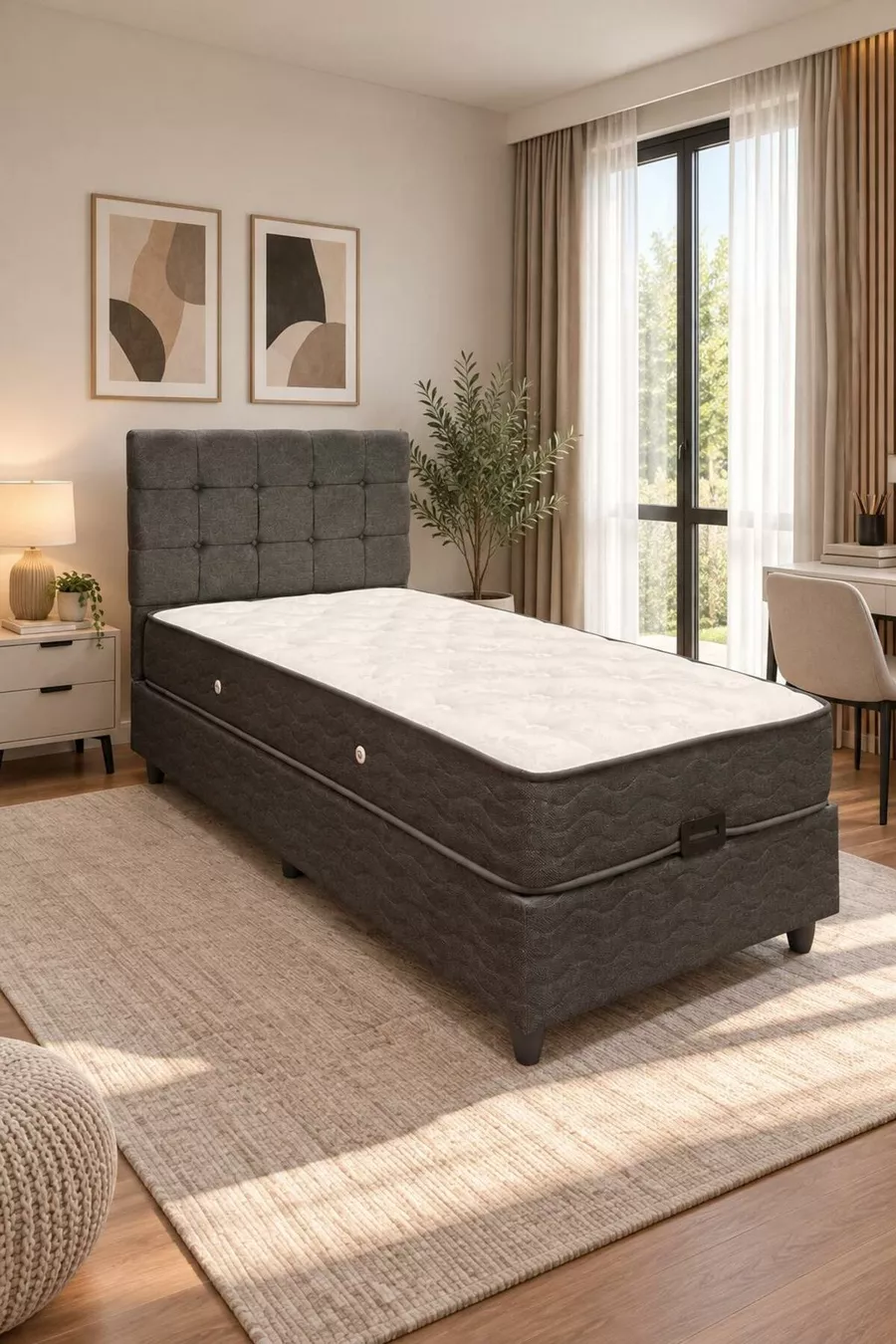 Ensemble de tête de lit et sommier coffre simple Bengü Anthracite 3 pièces Orthopédique Pratique avec grand espace de rangement