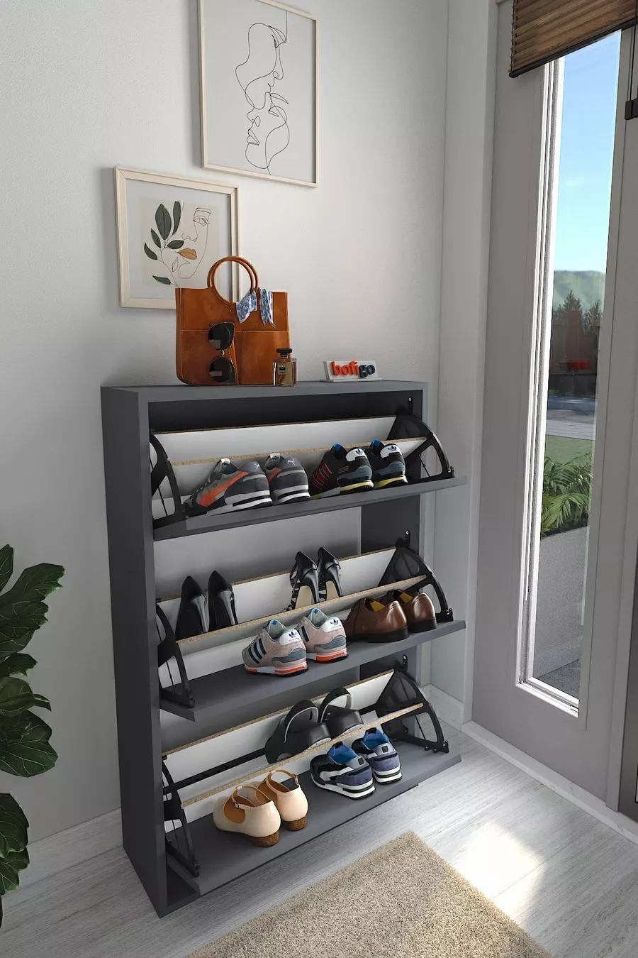Placard à chaussures à abattant, placard à chaussures coulissant à étagères, placard à chaussures à 3 compartiments, Ange Anthracite