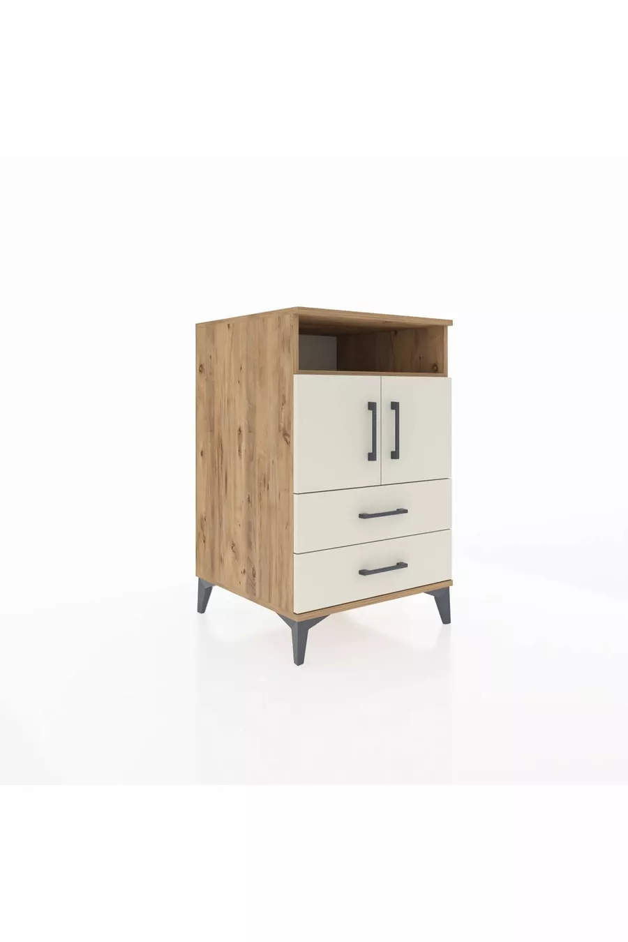 Table de chevet Kronos avec 2 étagères, 2 tiroirs et 2 portes, pin-gris