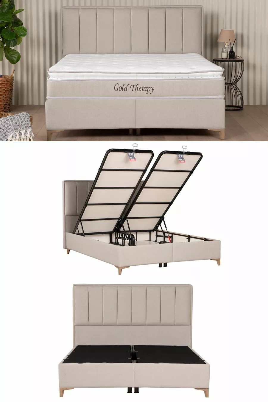 Ensemble tête de lit et sommier coffre Gold Therapy Beige (LIT NON INCLUS)