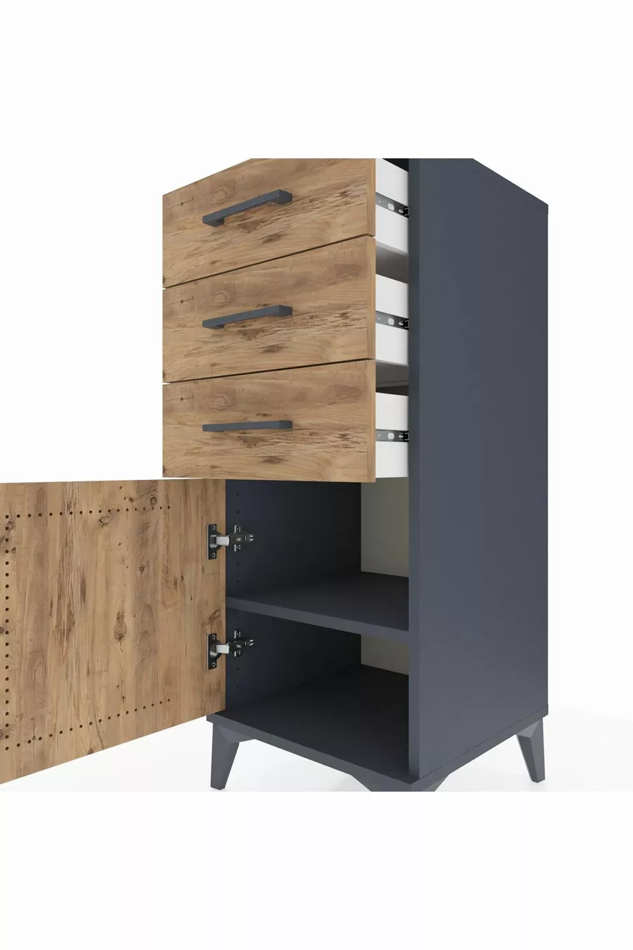Commode Hyperion à une étagère, 3 tiroirs et une porte, anthracite-pin