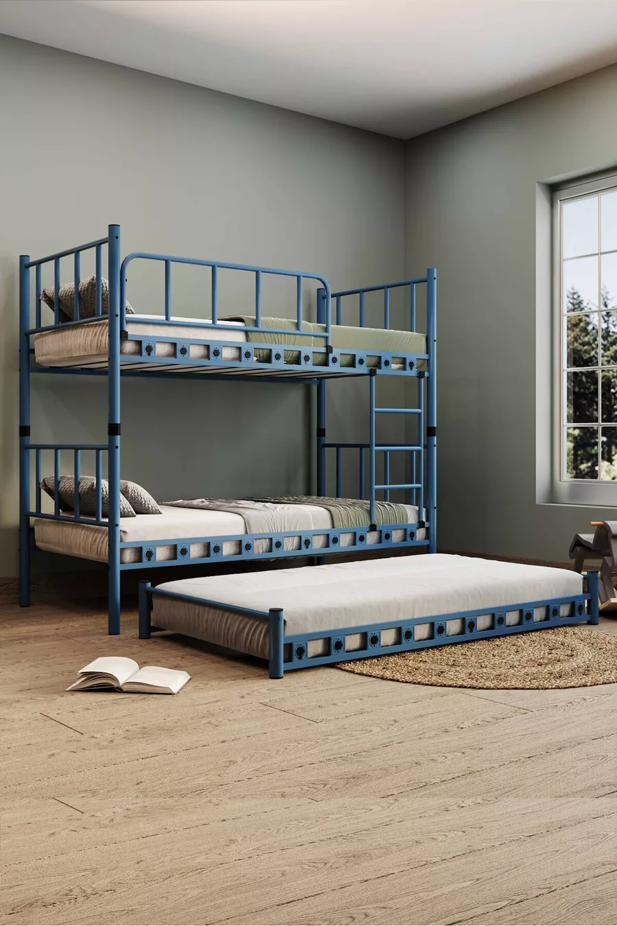 Chambre d'enfant pour jeunes Zambak avec lit superposé et lit simple en métal Bleu marine