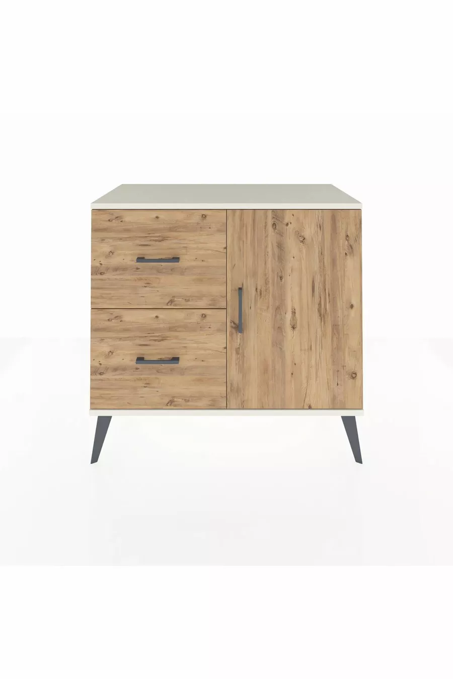 Commode Hyperion à une étagère, 2 tiroirs et 1 porte, Pierre de Lune-Pin