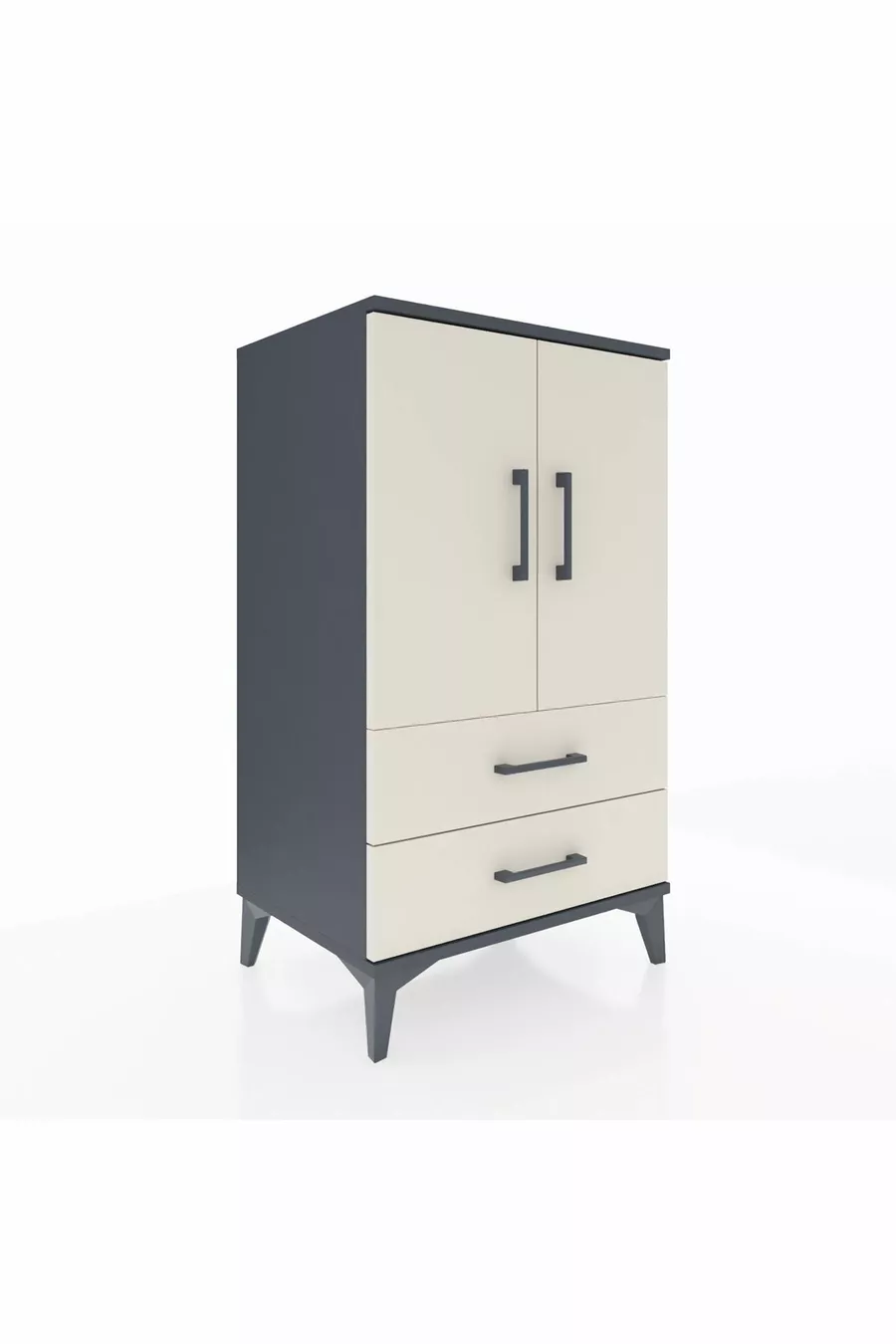 Table de chevet Hyperion avec 2 étagères, 2 tiroirs et 2 portes, Anthracite-Pierre de lune