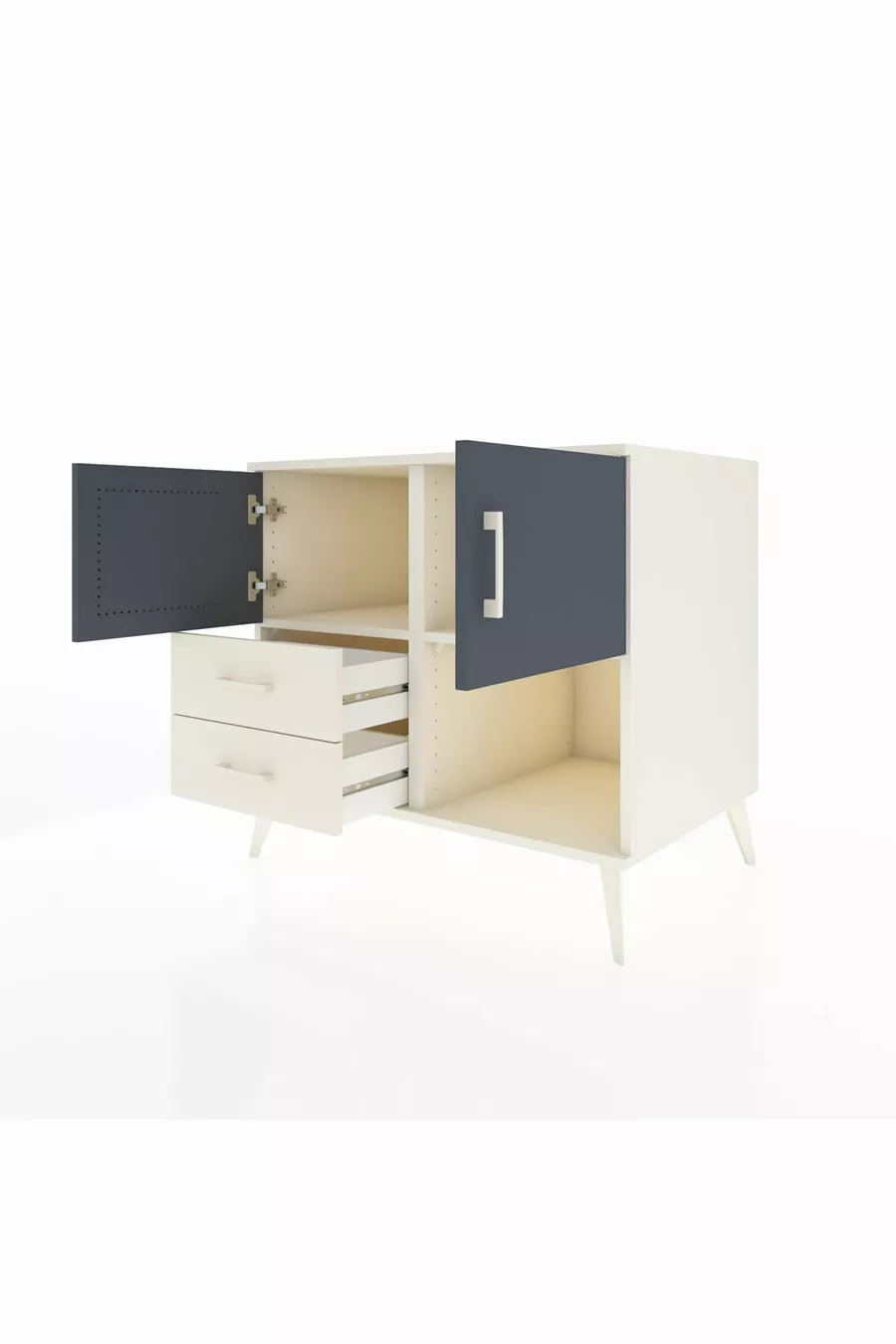Commode Kronos avec 2 étagères, 2 tiroirs et 2 portes, Albâtre-Anthracite/Albâtre