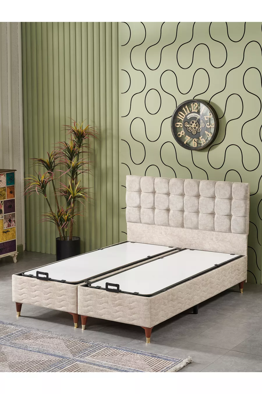 Bengü Lit Double (Tête de Lit + Sommier + Matelas) Set de 3 (JERY Crème)