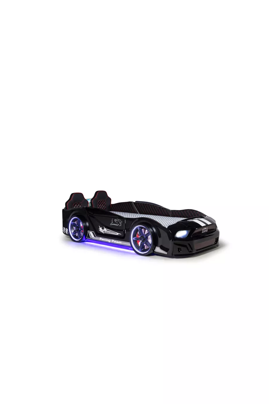 Portes de lit à roulettes noires Mustang avec ouverture, entièrement équipées de LED, télécommandées et avec musique