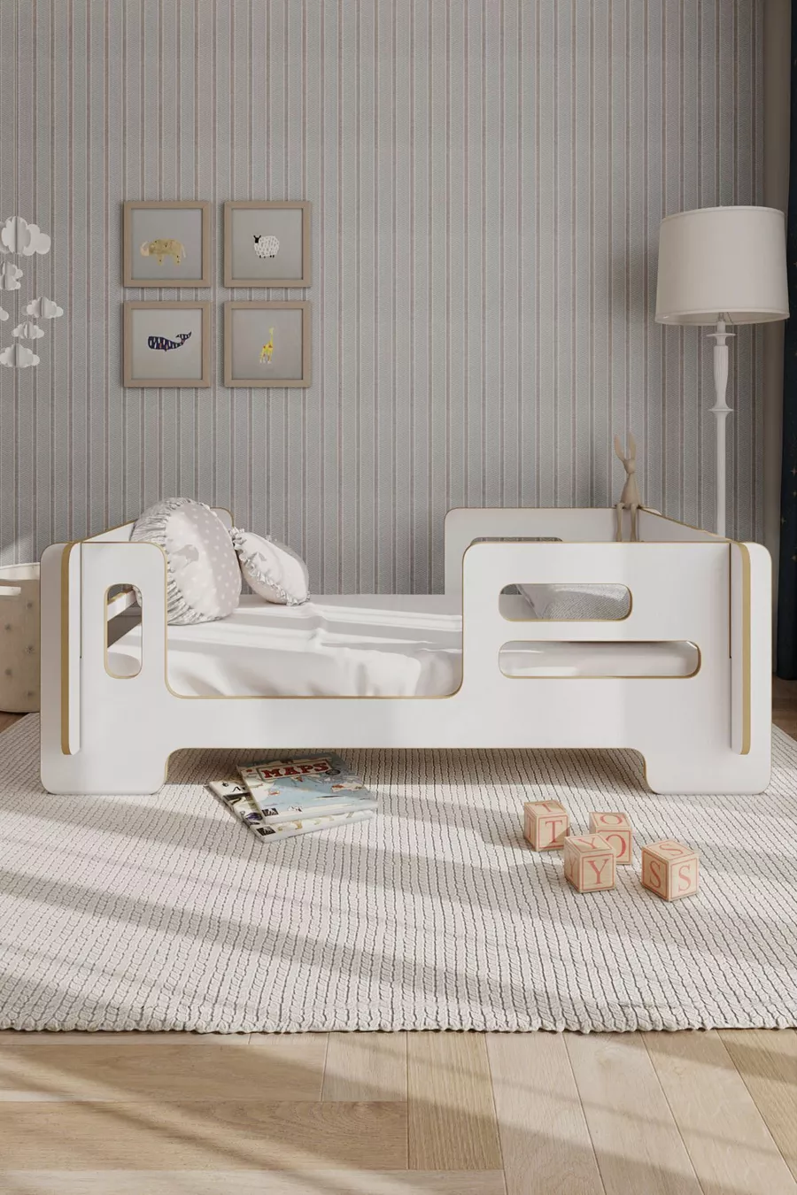 Lit d'enfant moderne Montessori Mdflam, cadre de lit, sommier - Blanc
