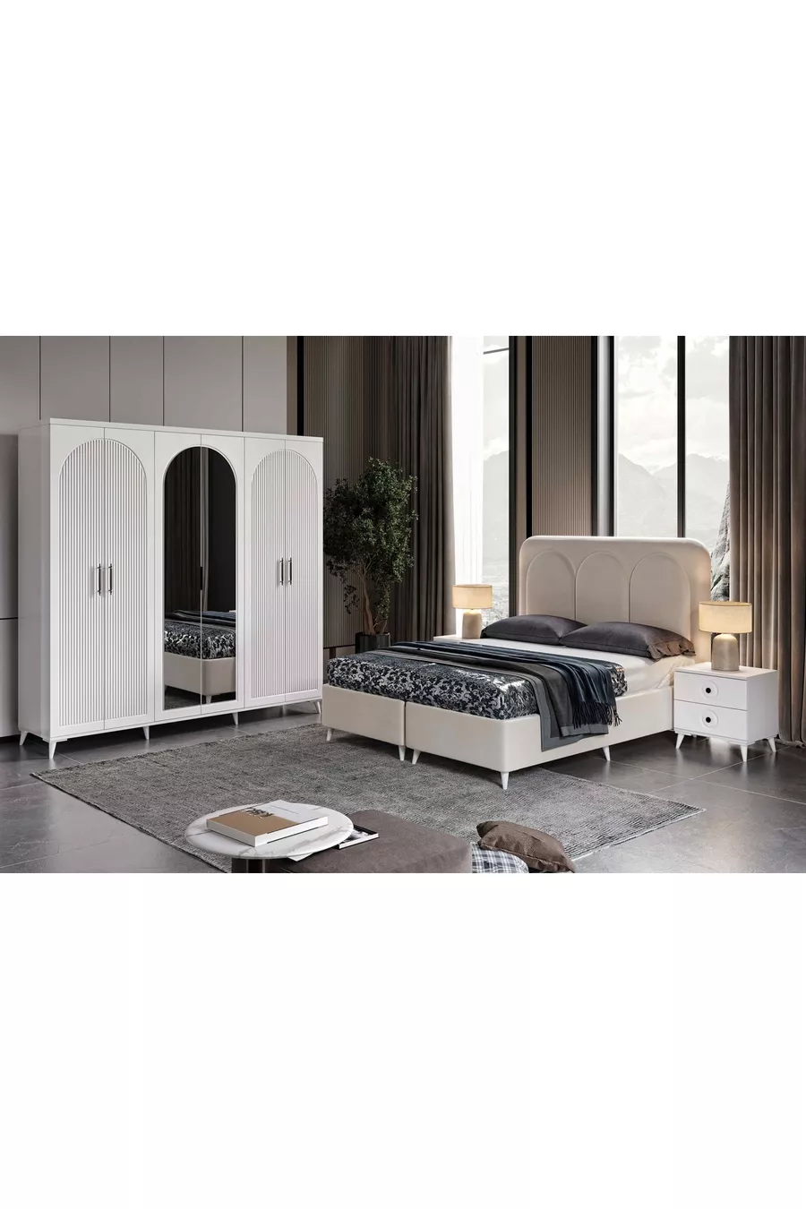 - Montage gratuit - Ensemble complet de chambre à coucher en MDF blanc Oslo à 6 portes