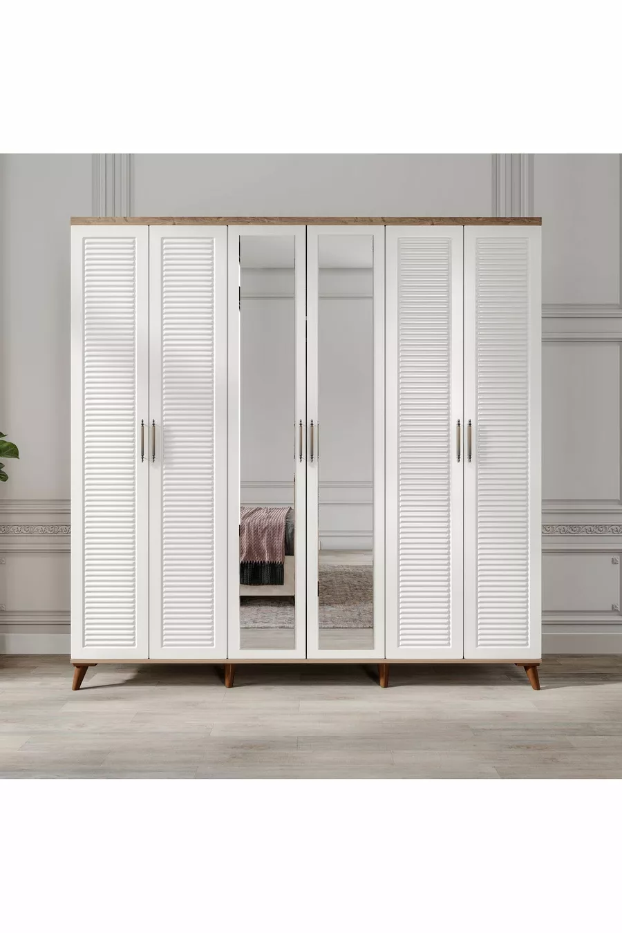 Ensemble de chambre à coucher en MDF complet Paris à 6 portes, pin Atlantique blanc (avec sommier)