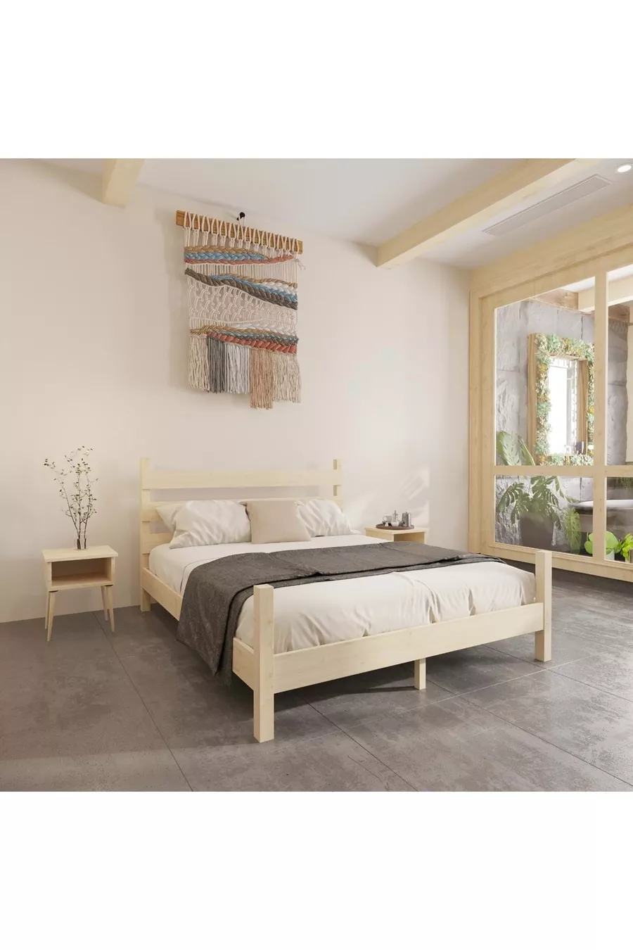 Lit en bois de pin naturel Natura Model avec deux tables de chevet