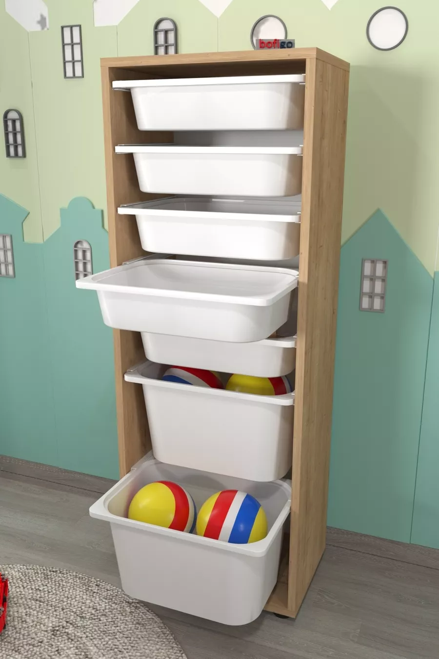 Armoire à 7 paniers Armoire polyvalente Armoire à jouets Pera Saphir Chêne