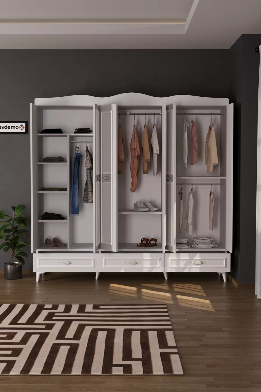 Armoire blanche Luna à 3 tiroirs avec miroir et 6 portes