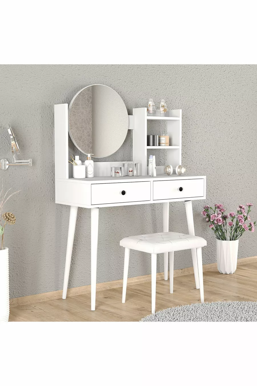 ENSEMBLE LÉGENDAIRE DE COIFFEUSE BLANCHE AVEC TABOURET