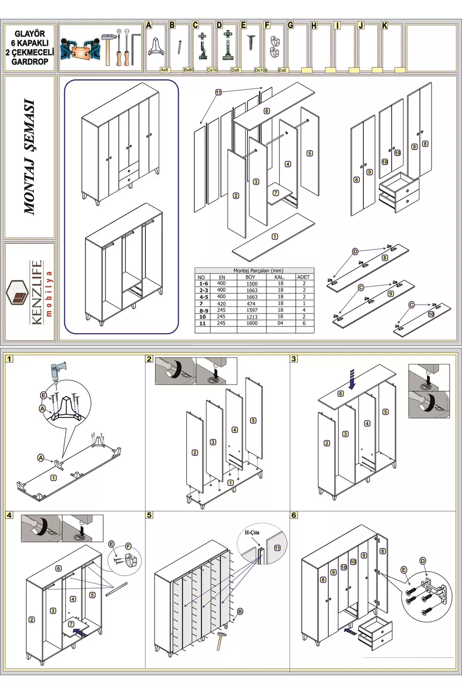 Armoire 6 portes 2 tiroirs Glayör ** Armoire sur pieds Byz