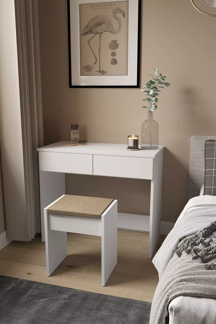 B Chambre à coucher moderne avec deux grands tiroirs et banc, meuble de maquillage avec pouf et organisateur