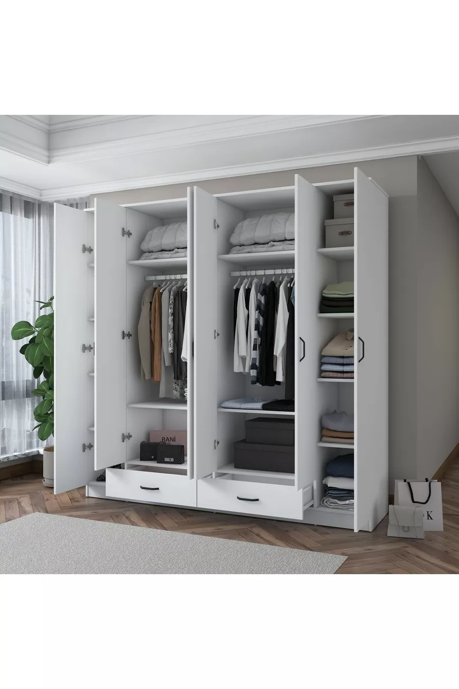 Rani  Armoire Spacieuse pour Vêtements 6 Portes 2 Tiroirs  Étagères 2 Tringles Blanche