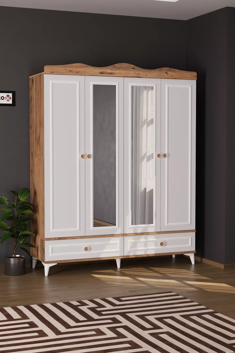 Armoire à miroir Nova 4 portes avec 2 tiroirs, pin Atlantique