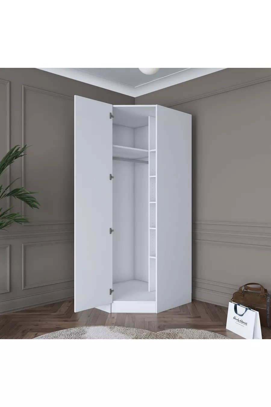 Rani  Module d'Angle Armoire 1 Porte avec 6 Étagères et Penderie Unité d'Angle Complémentaire Blanche