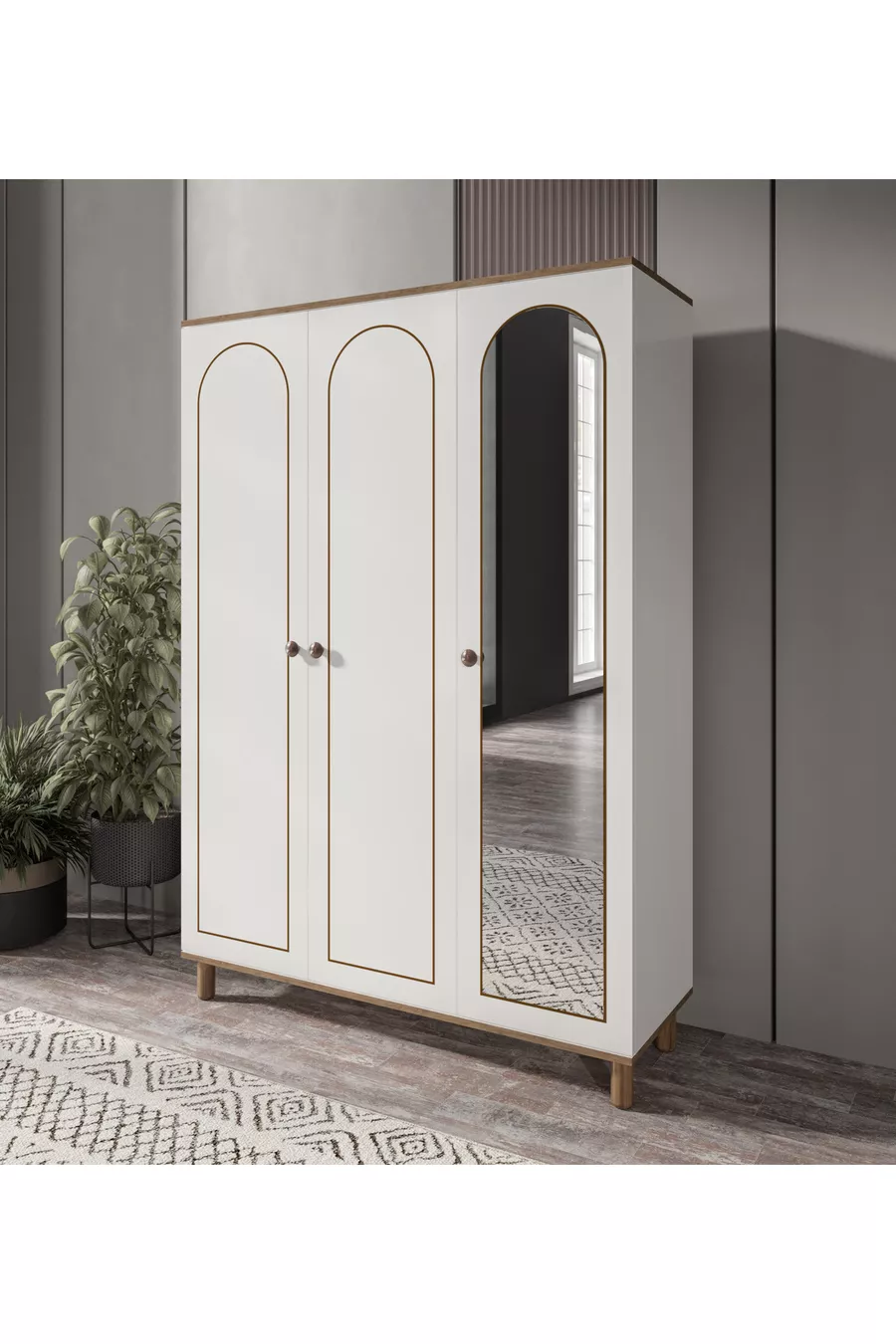 Armoire bohème avec miroir, 3 portes et 2 tiroirs, armoire à vêtements blanche - MDF de première qualité