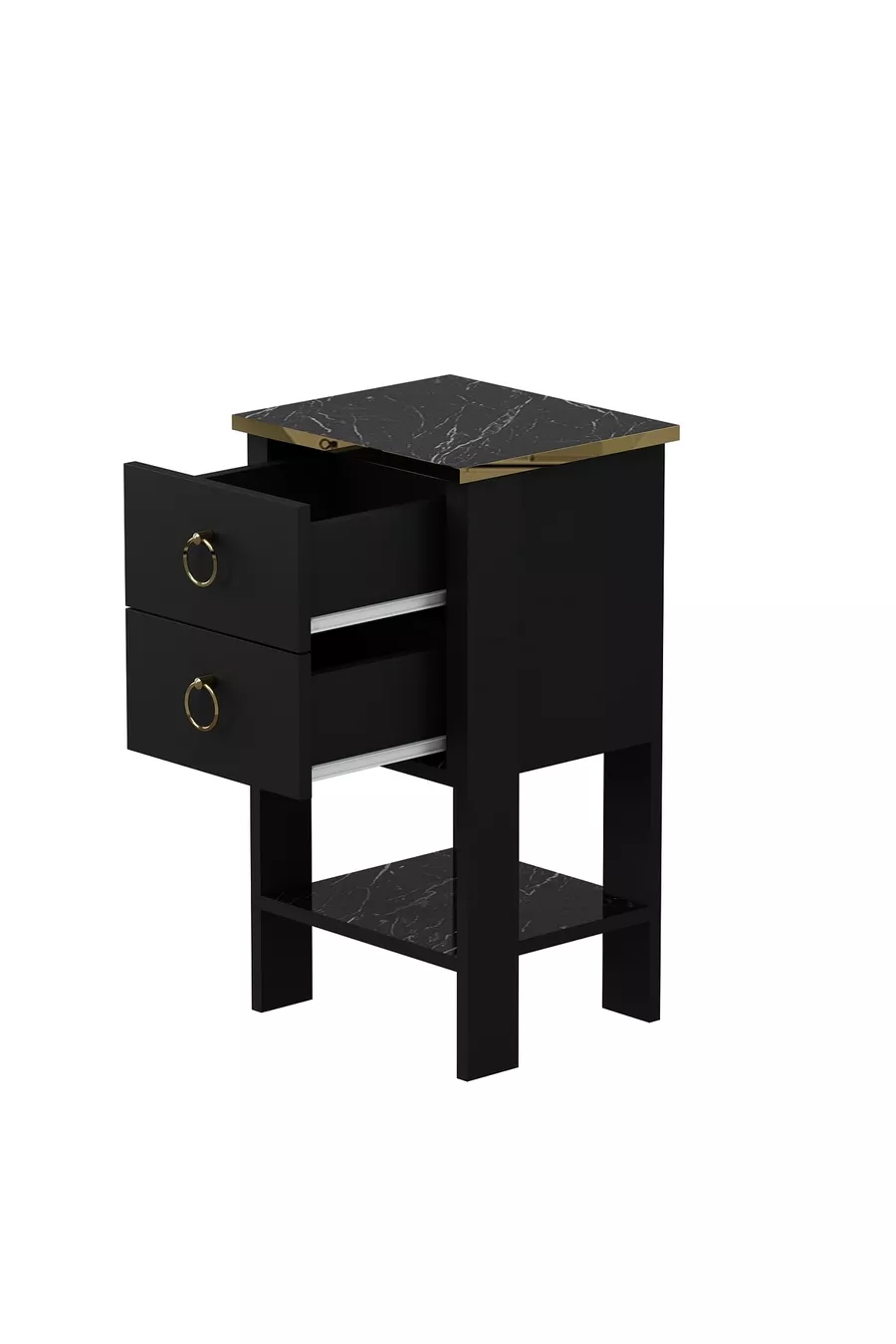 Table de chevet Cevheri 2 tiroirs - Noir / Marbre Royal