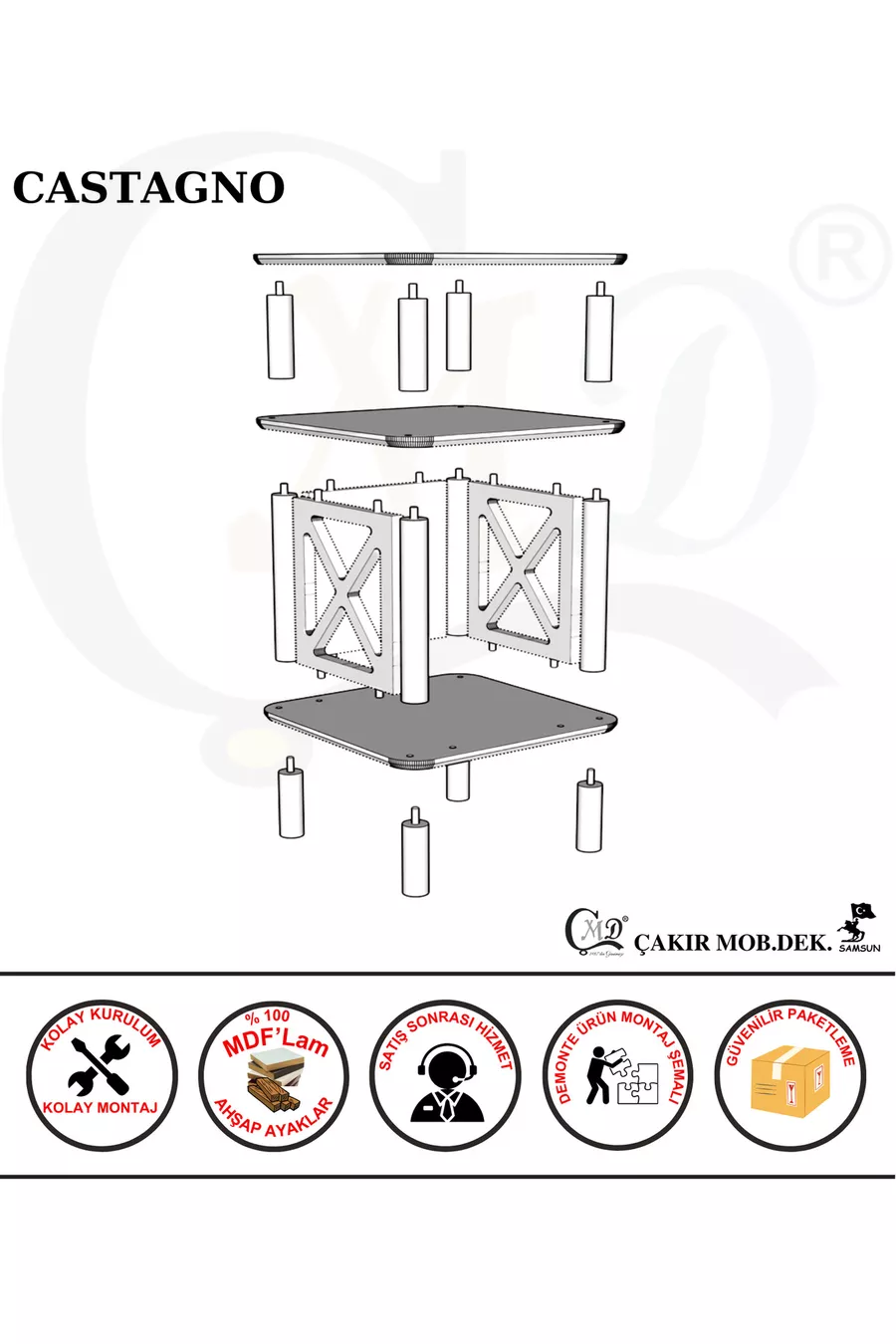 Chevet Castagno Minimaliste en MDF avec Pieds en Bois - Salon - Cuisine - Chambre