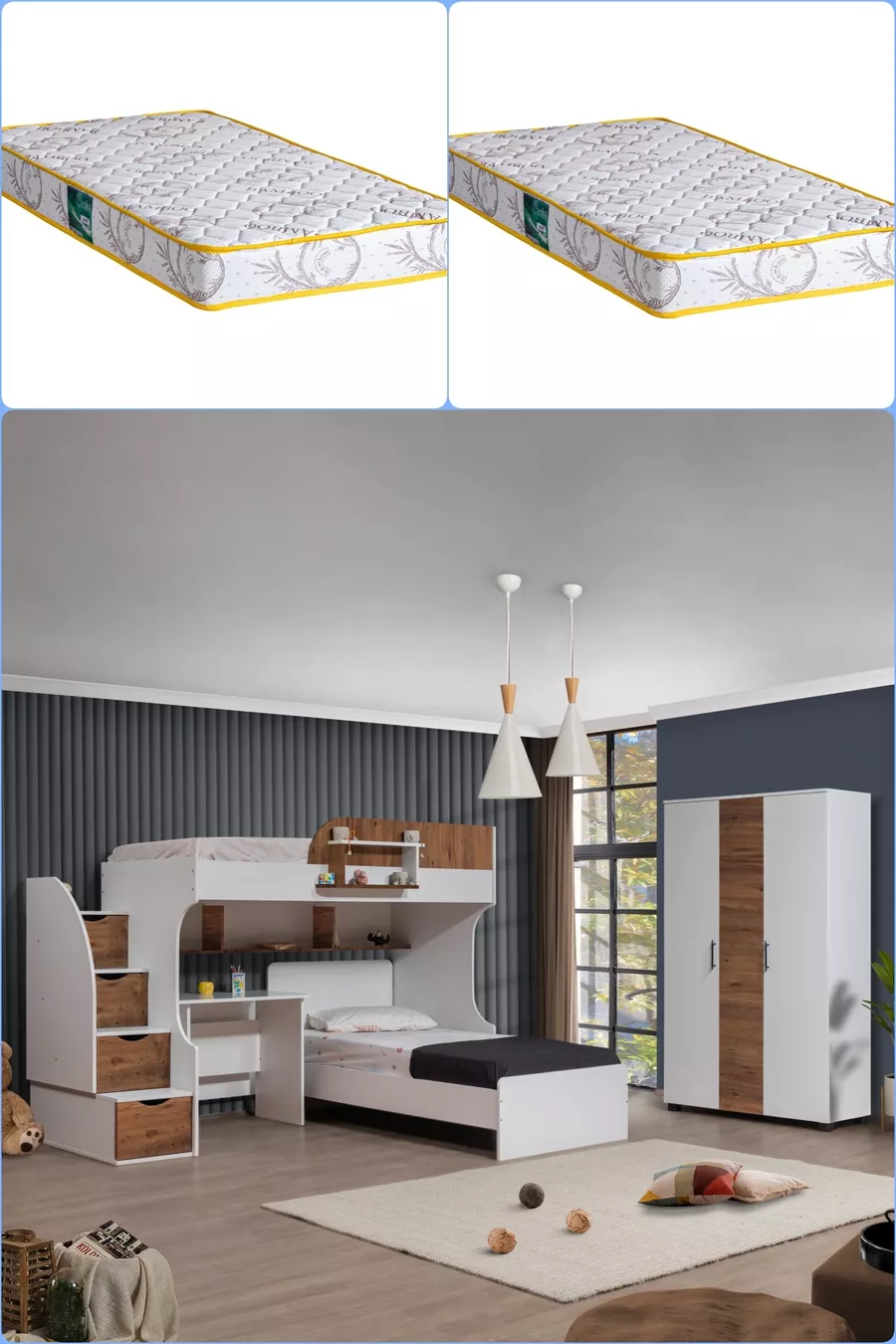 Lits superposés, lits superposés Aura avec lit, armoire à 3 portes + 2 matelas Comfort