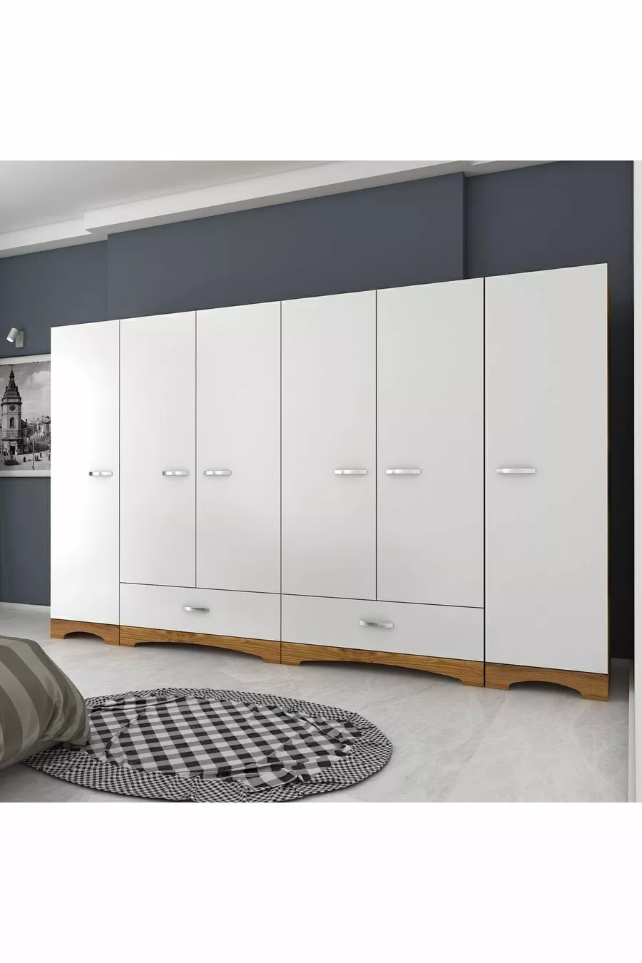Armoire Rani  à large garde-robe, 6 portes, 2 tiroirs, 2 penderies, module unique, miniature noyer - blanc