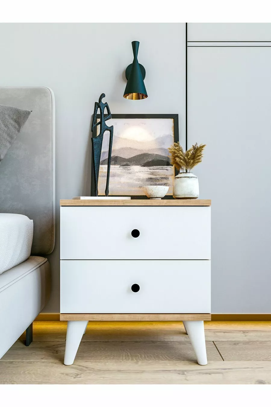 Table de chevet Marbella en bois avec tiroirs blanc brillant et marron pour chambre à coucher